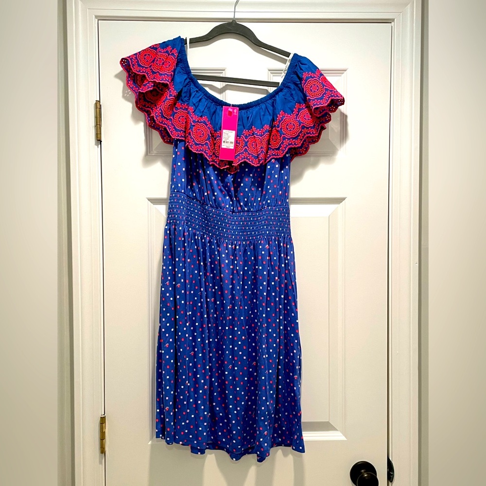 NWT Lilly Pulitzer Kalama off the shoulder Borealis Blue large Dress